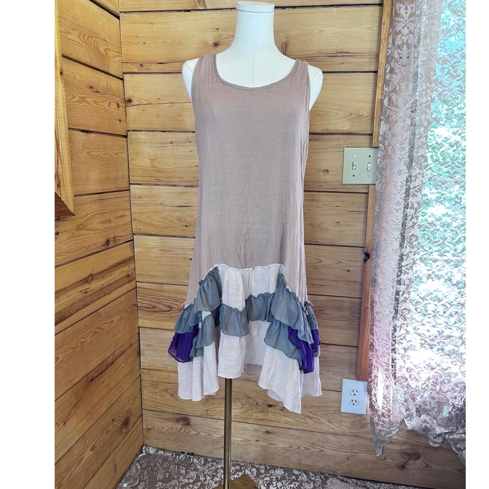 Tunic Dress Womens Medium Taupe Layered Ruffle Hem Artsy Lagenlook Papillon
